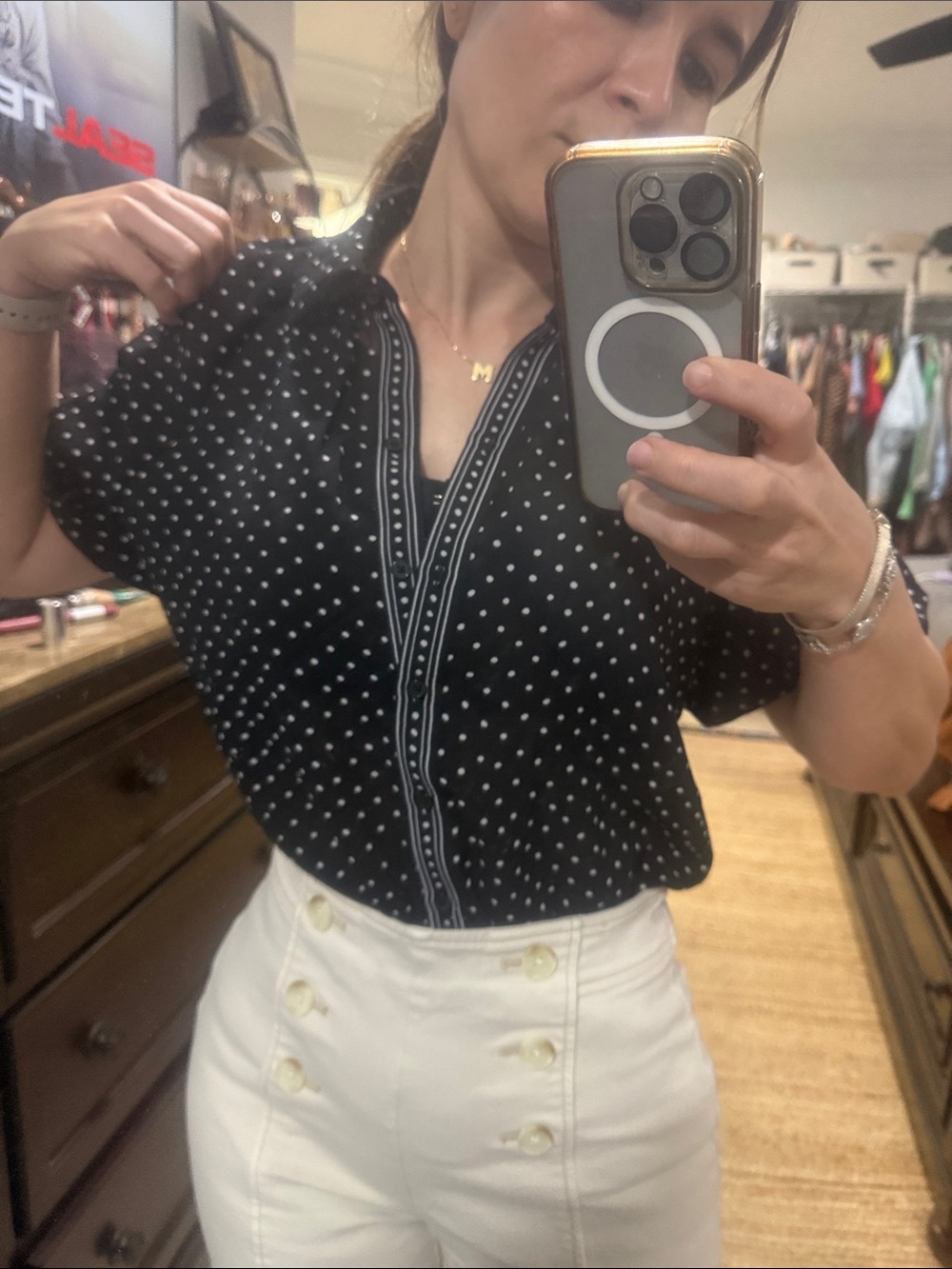 Max Studio Black Polka Dot V-Neck Blouse with Contrast Trim